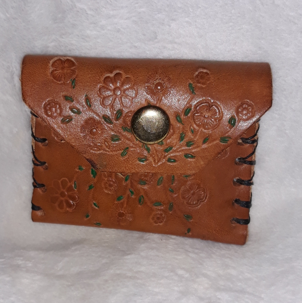 Vintage Leather Engraving Flower Coin Purse Wallet